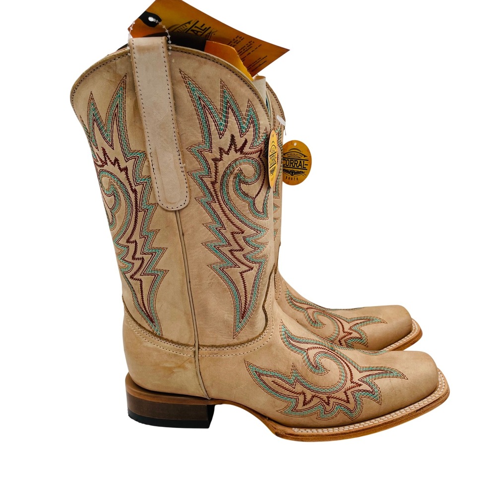 $218 Corral Boots Western Beige Teal Flame Embroidered Leather Square Toe Wmn 11